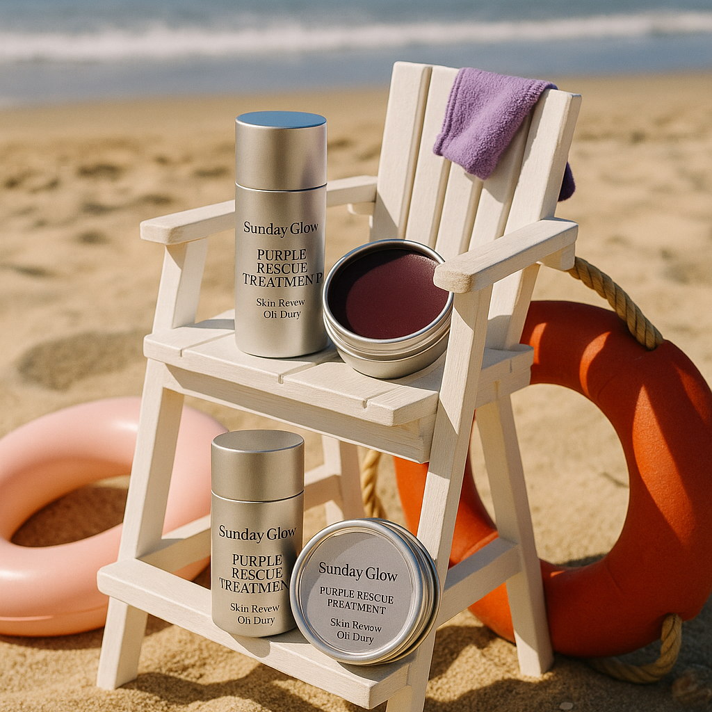 purple rescue calming balm on beach sunday glow