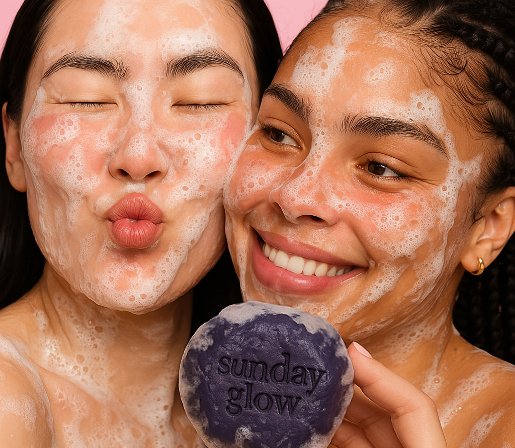 Two women with foamy faces holding a 'Sunday Glow' product against a pink background