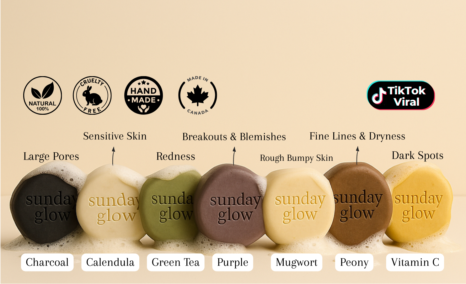 Row of Sunday Glow skincare products with labels for different skin concerns on a beige background.