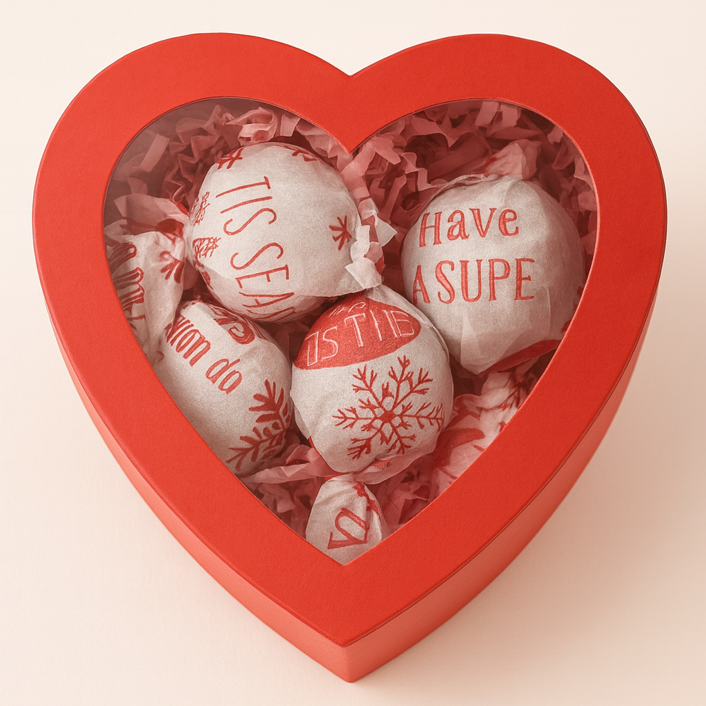 Heart-shaped box with Valentine-themed chocolates on a light pink background